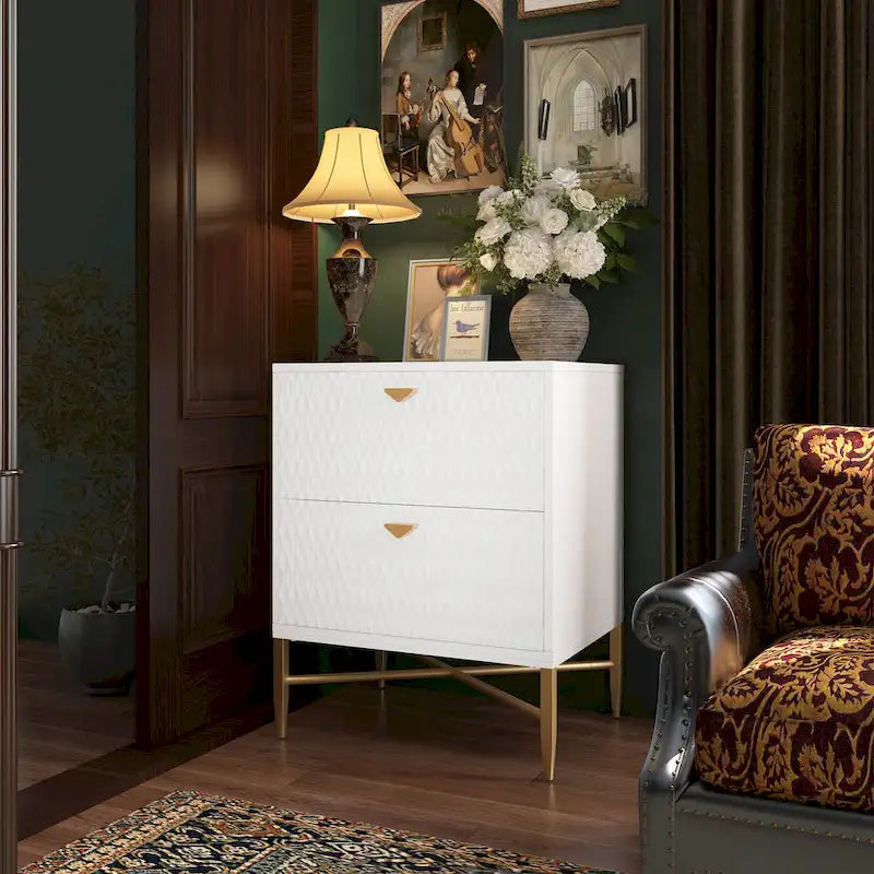High-Gloss 2-Drawer Nightstand End Table with Embossed Front and Gold Metal Legs