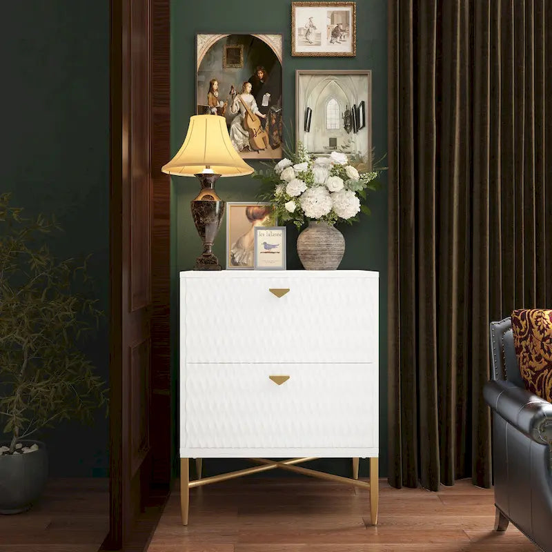 High-Gloss 2-Drawer Nightstand End Table with Embossed Front and Gold Metal Legs