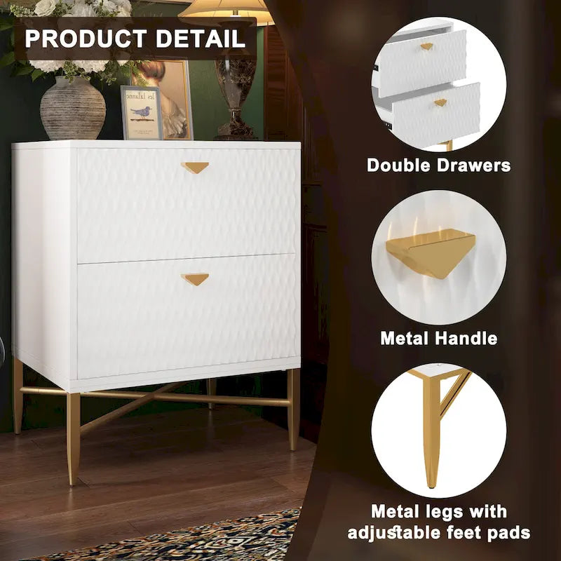 High-Gloss 2-Drawer Nightstand End Table with Embossed Front and Gold Metal Legs