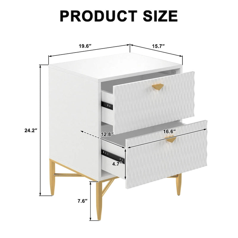High-Gloss 2-Drawer Nightstand End Table with Embossed Front and Gold Metal Legs