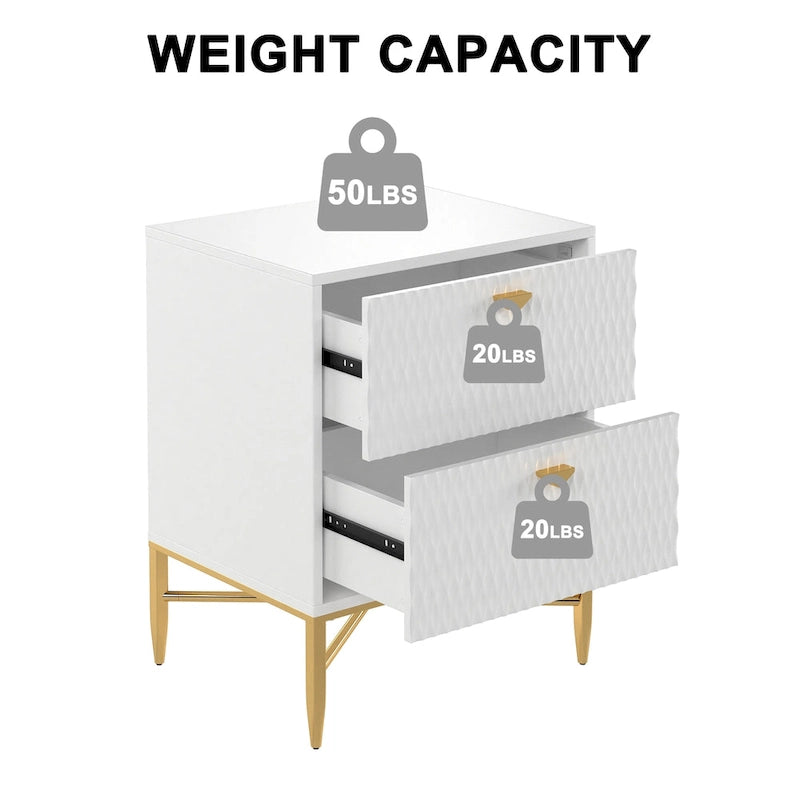 High-Gloss 2-Drawer Nightstand End Table with Embossed Front and Gold Metal Legs