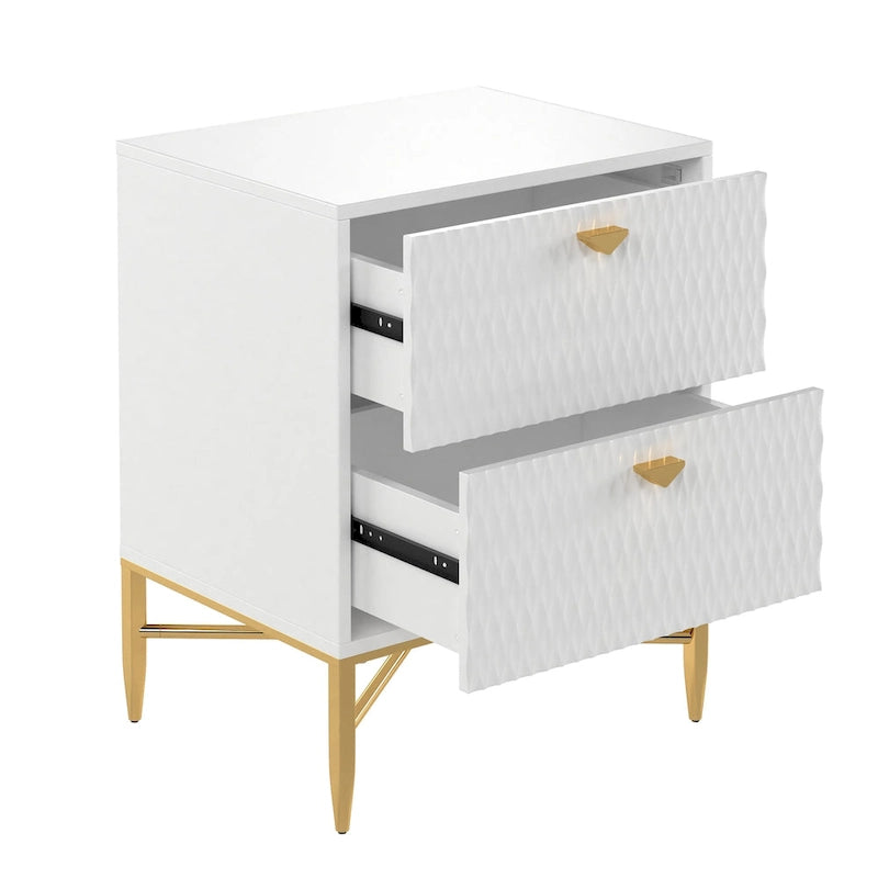 High-Gloss 2-Drawer Nightstand End Table with Embossed Front and Gold Metal Legs