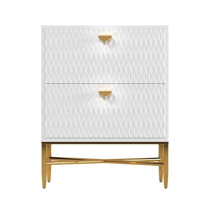 High-Gloss 2-Drawer Nightstand End Table with Embossed Front and Gold Metal Legs