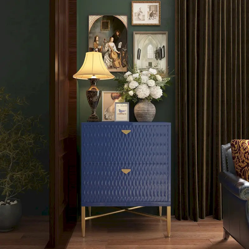 High-Gloss 2-Drawer Nightstand End Table with Embossed Front and Gold Metal Legs