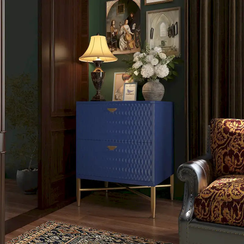 High-Gloss 2-Drawer Nightstand End Table with Embossed Front and Gold Metal Legs