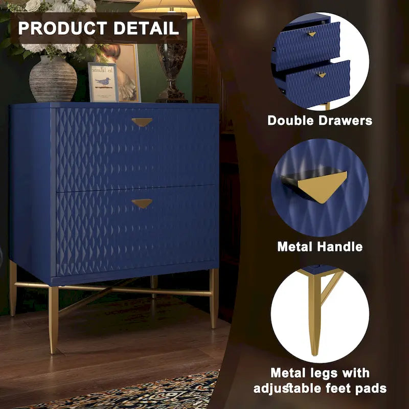 High-Gloss 2-Drawer Nightstand End Table with Embossed Front and Gold Metal Legs
