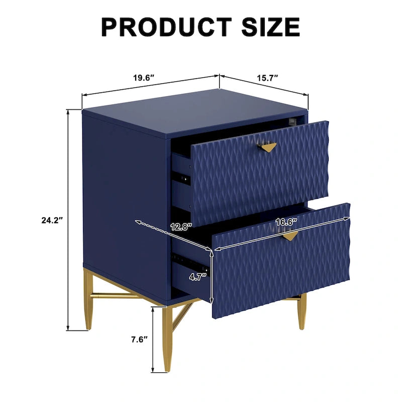 High-Gloss 2-Drawer Nightstand End Table with Embossed Front and Gold Metal Legs
