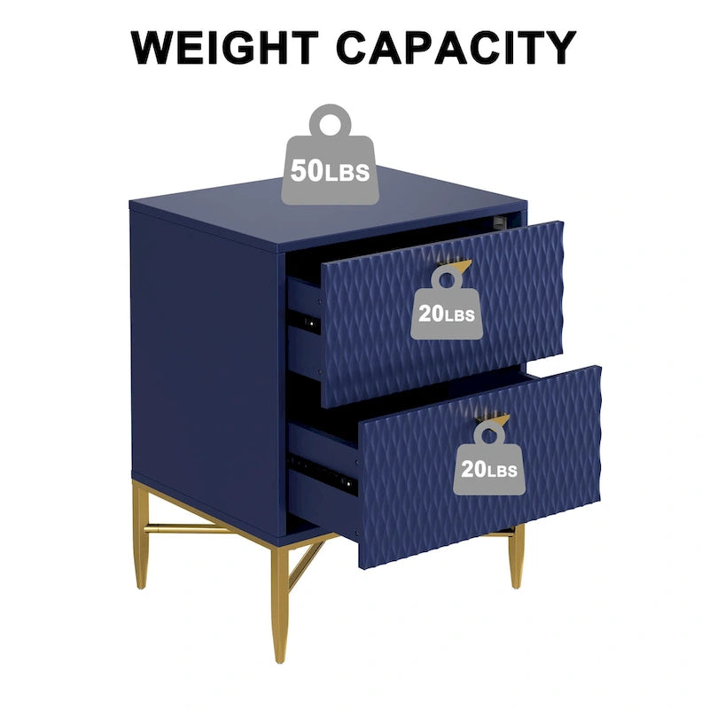 High-Gloss 2-Drawer Nightstand End Table with Embossed Front and Gold Metal Legs