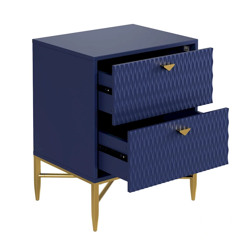 High-Gloss 2-Drawer Nightstand End Table with Embossed Front and Gold Metal Legs