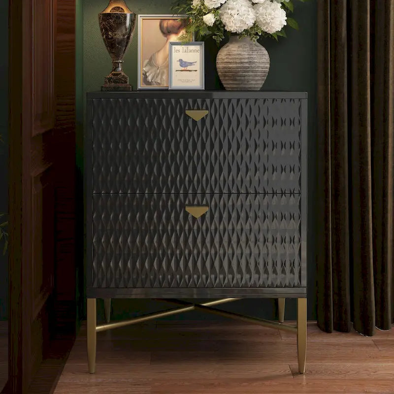 High-Gloss 2-Drawer Nightstand End Table with Embossed Front and Gold Metal Legs