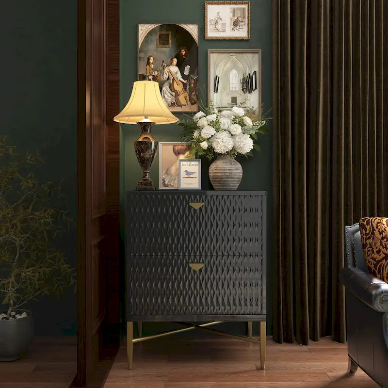 High-Gloss 2-Drawer Nightstand End Table with Embossed Front and Gold Metal Legs