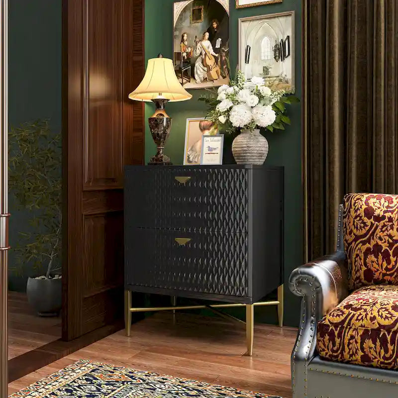 High-Gloss 2-Drawer Nightstand End Table with Embossed Front and Gold Metal Legs