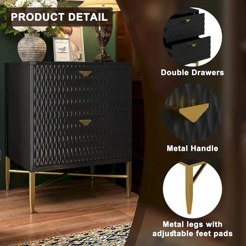 High-Gloss 2-Drawer Nightstand End Table with Embossed Front and Gold Metal Legs