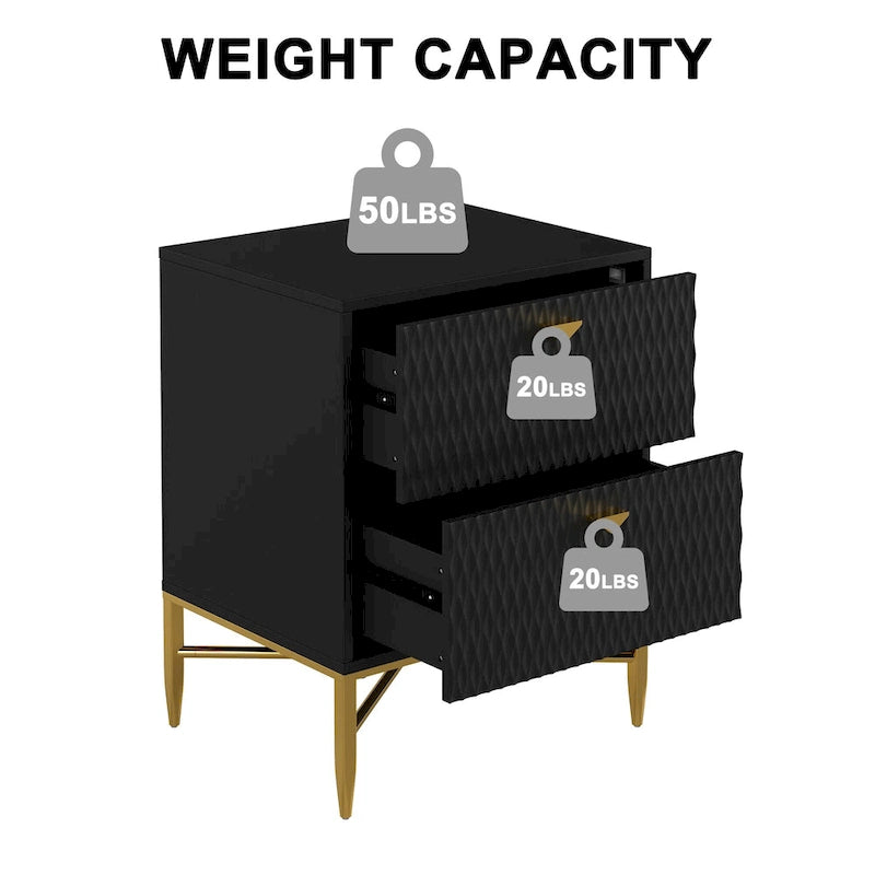 High-Gloss 2-Drawer Nightstand End Table with Embossed Front and Gold Metal Legs