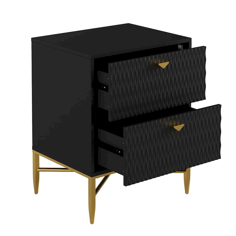 High-Gloss 2-Drawer Nightstand End Table with Embossed Front and Gold Metal Legs