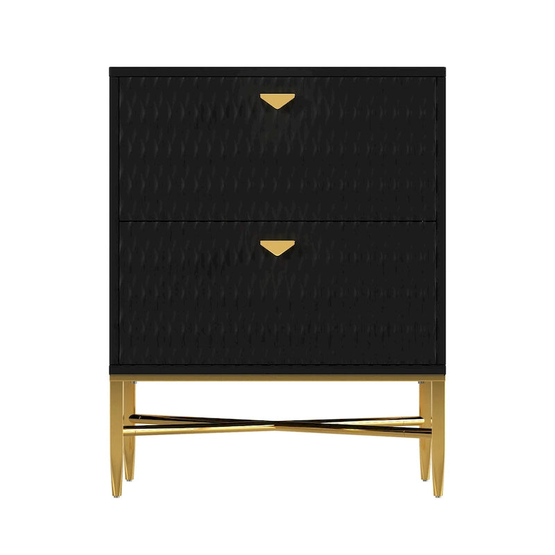 High-Gloss 2-Drawer Nightstand End Table with Embossed Front and Gold Metal Legs