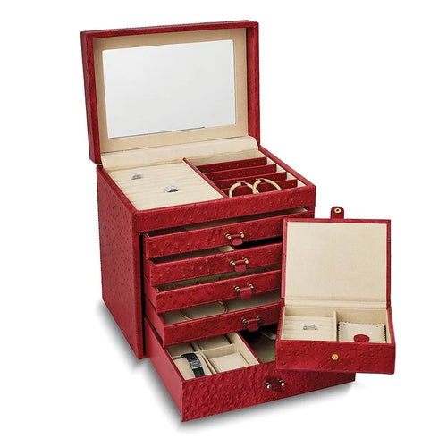 5-Drawer Jewelry Chest with Ostrich Texture Leather, Mirror, Ultra-Suede Lining, and Removable Travel Case