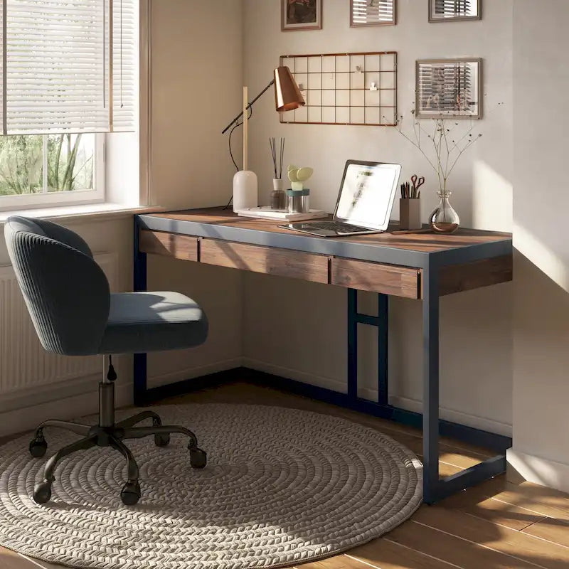 Solid Acacia Wood Industrial Office Desk with Keyboard Tray