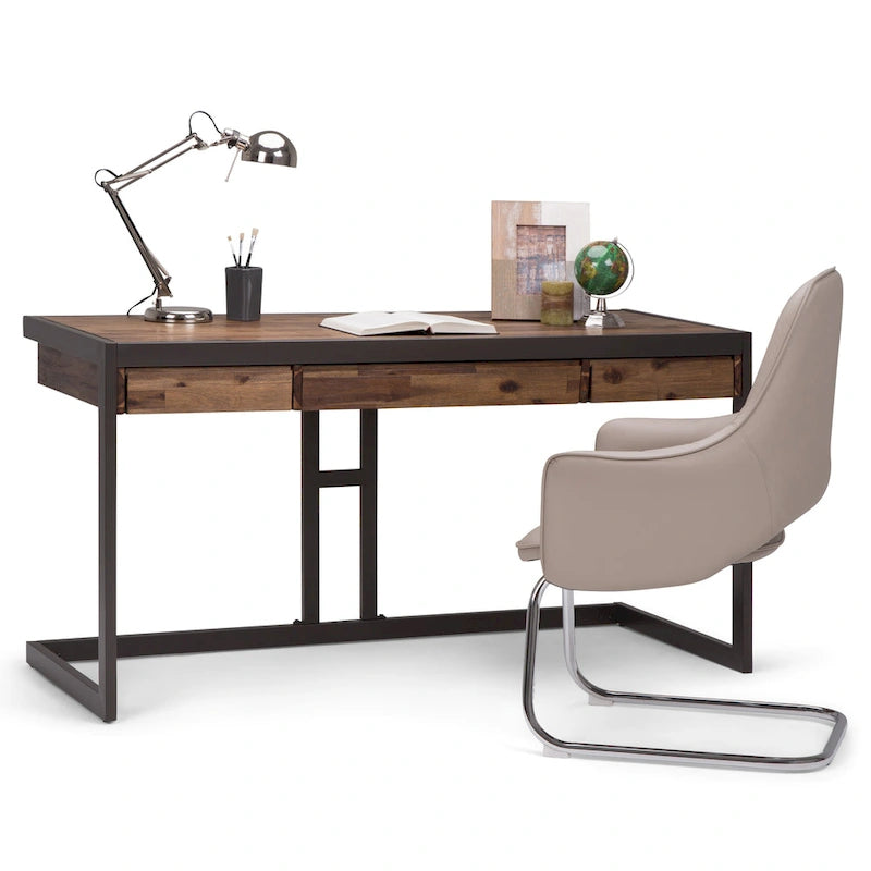 Solid Acacia Wood Industrial Office Desk with Keyboard Tray