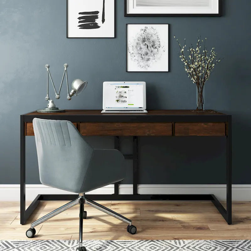 Solid Acacia Wood Industrial Office Desk with Keyboard Tray