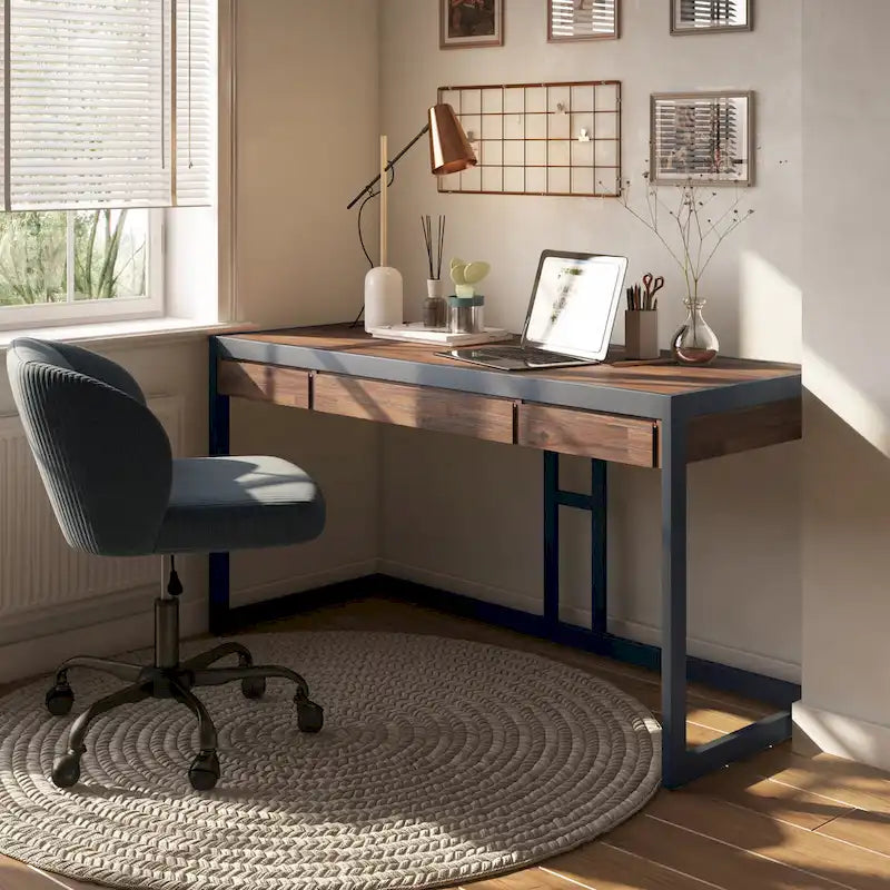 Solid Acacia Wood Industrial Office Desk with Keyboard Tray