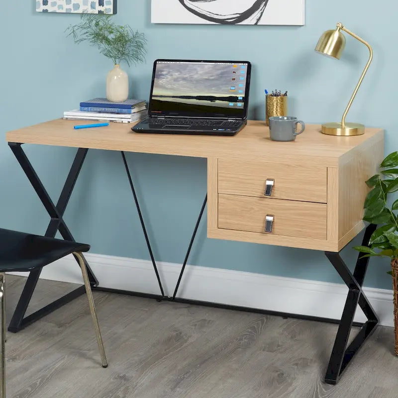 Retro 47-Inch Home Office Desk with 2 Drawers, Open Shelf, and X-Style Metal Legs