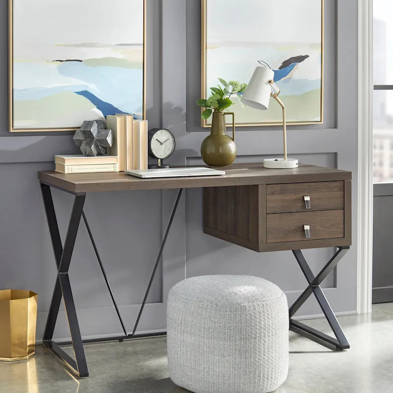 Retro 47-Inch Home Office Desk with 2 Drawers, Open Shelf, and X-Style Metal Legs
