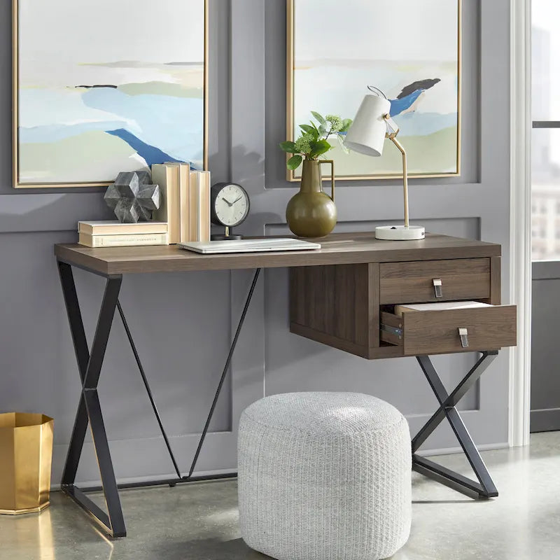 Retro 47-Inch Home Office Desk with 2 Drawers, Open Shelf, and X-Style Metal Legs