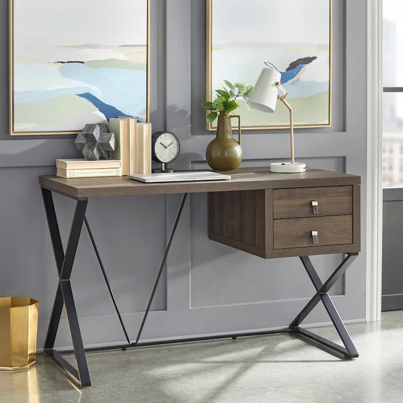 Retro 47-Inch Home Office Desk with 2 Drawers, Open Shelf, and X-Style Metal Legs