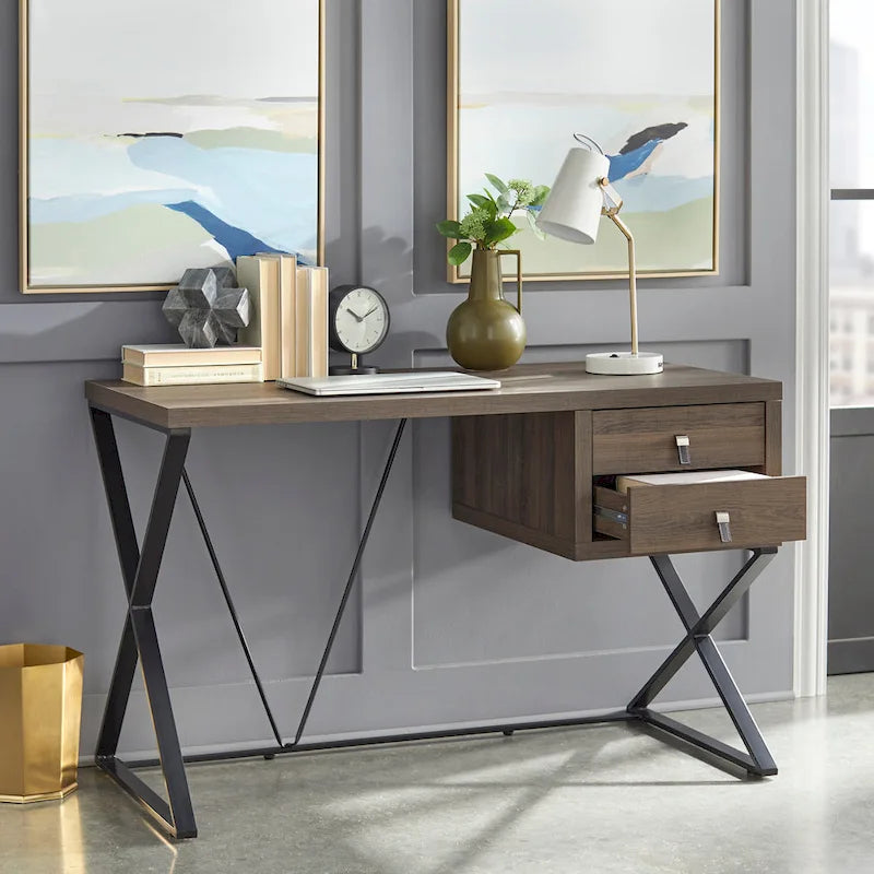 Retro 47-Inch Home Office Desk with 2 Drawers, Open Shelf, and X-Style Metal Legs