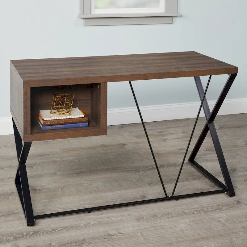 Retro 47-Inch Home Office Desk with 2 Drawers, Open Shelf, and X-Style Metal Legs
