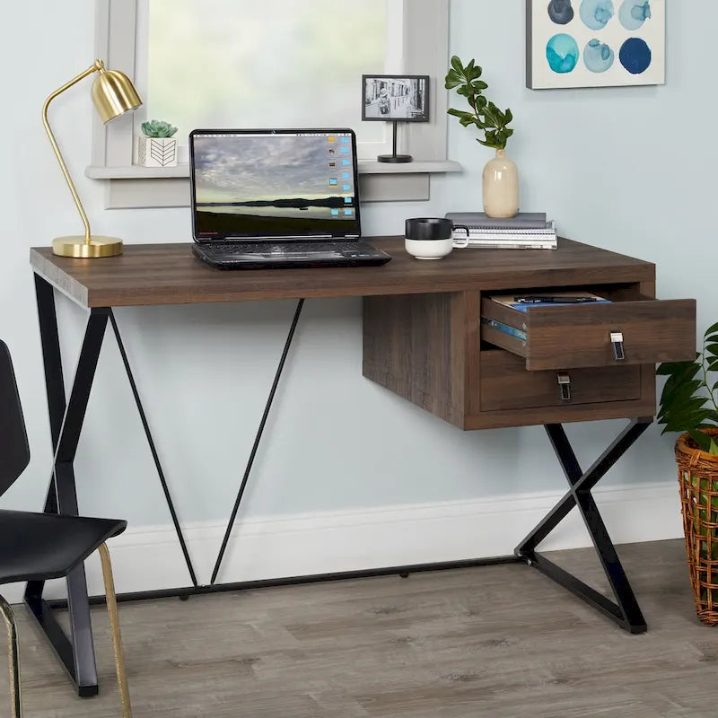 Retro 47-Inch Home Office Desk with 2 Drawers, Open Shelf, and X-Style Metal Legs