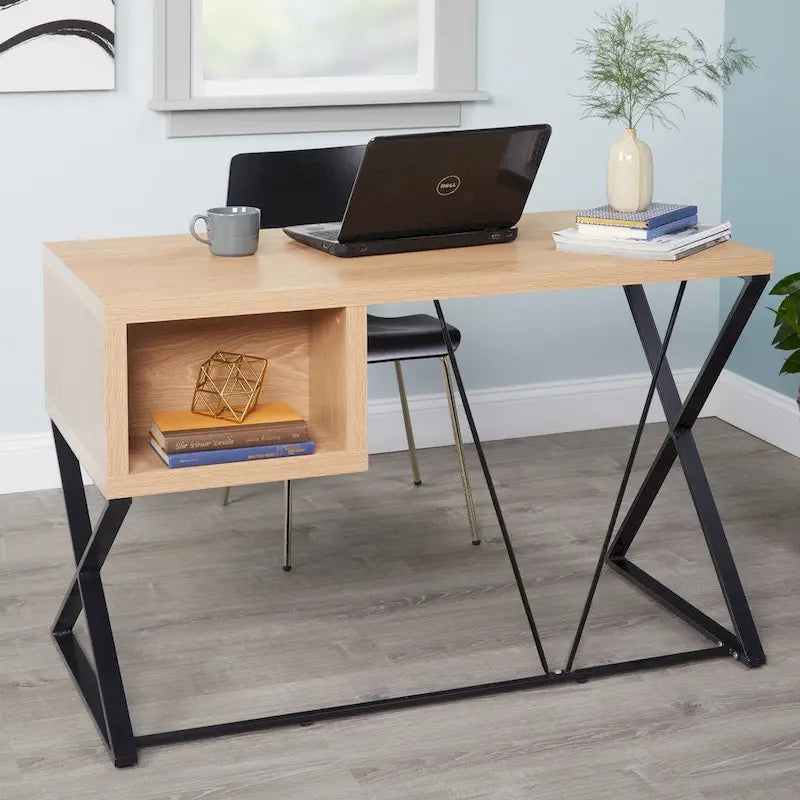 Retro 47-Inch Home Office Desk with 2 Drawers, Open Shelf, and X-Style Metal Legs