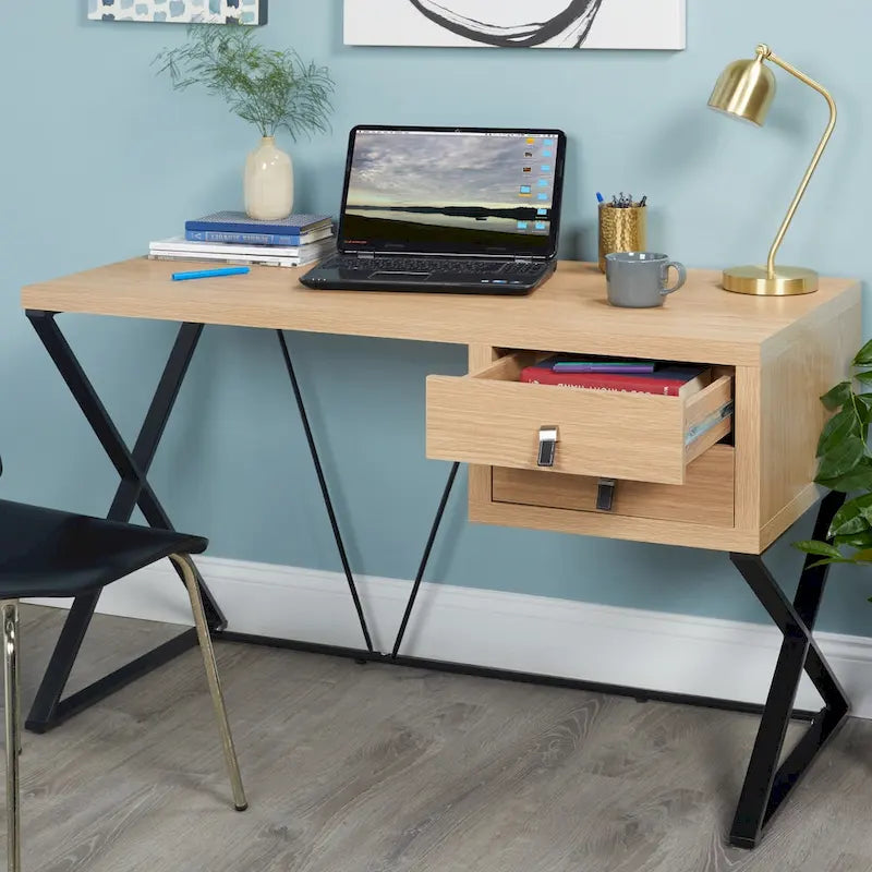Retro 47-Inch Home Office Desk with 2 Drawers, Open Shelf, and X-Style Metal Legs