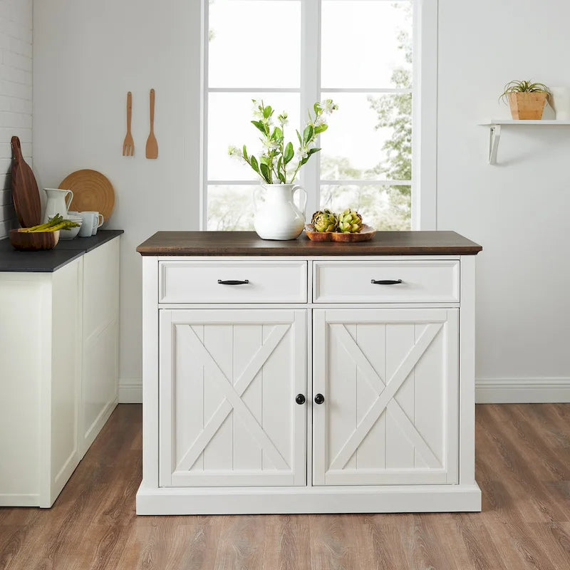 Farmhouse Kitchen Island with X-Motif Doors, 2 Drawers and Adjustable Shelves