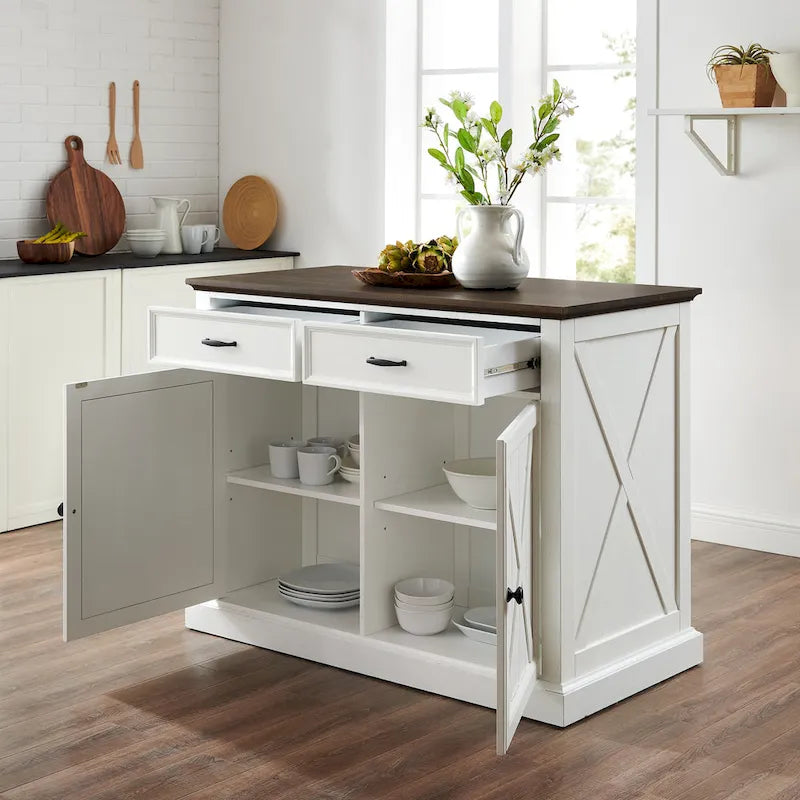 Farmhouse Kitchen Island with X-Motif Doors, 2 Drawers and Adjustable Shelves