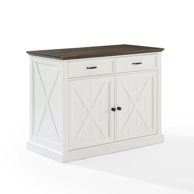Farmhouse Kitchen Island with X-Motif Doors, 2 Drawers and Adjustable Shelves