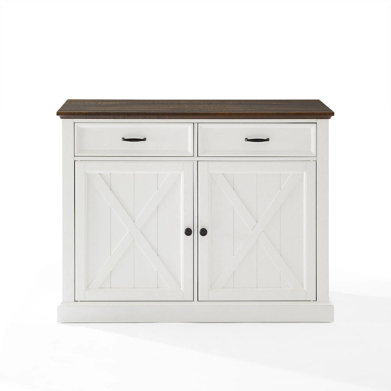 Farmhouse Kitchen Island with X-Motif Doors, 2 Drawers and Adjustable Shelves