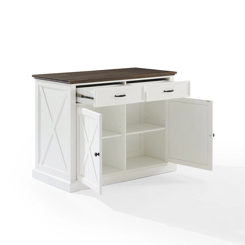 Farmhouse Kitchen Island with X-Motif Doors, 2 Drawers and Adjustable Shelves