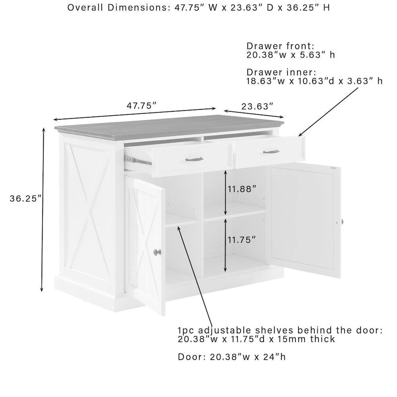 Farmhouse Kitchen Island with X-Motif Doors, 2 Drawers and Adjustable Shelves
