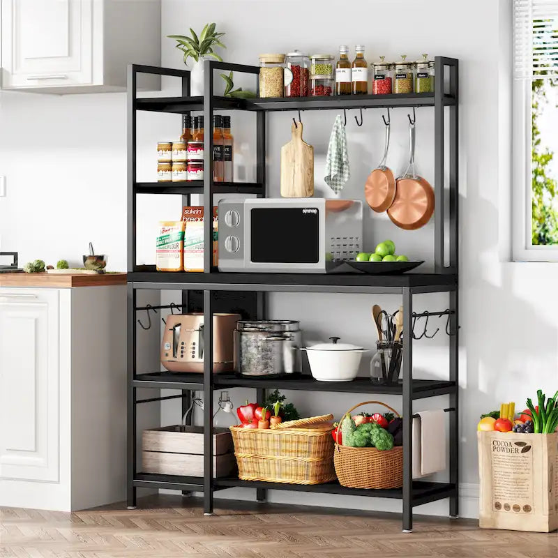 5-Tier Industrial Baker's Rack with Microwave Stand, 10 Hooks, and Storage Shelves - 43.3x15.7x62.9