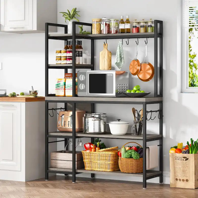 5-Tier Industrial Baker's Rack with Microwave Stand, 10 Hooks, and Storage Shelves - 43.3x15.7x62.9