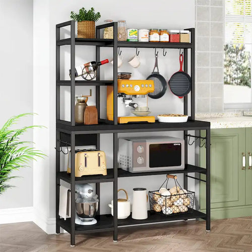5-Tier Industrial Baker's Rack with Microwave Stand, 10 Hooks, and Storage Shelves - 43.3x15.7x62.9