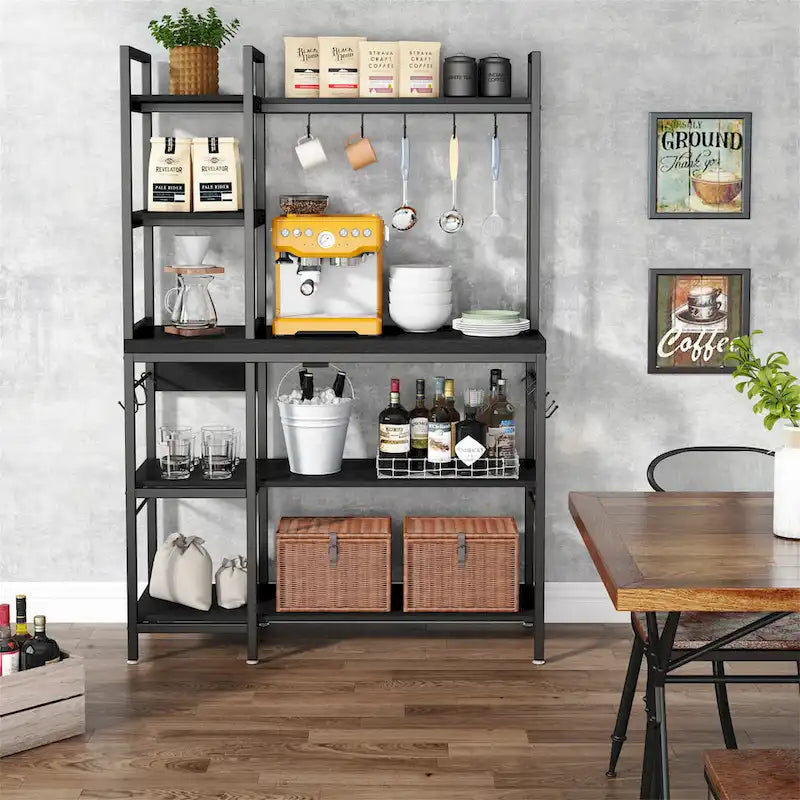 5-Tier Industrial Baker's Rack with Microwave Stand, 10 Hooks, and Storage Shelves - 43.3x15.7x62.9