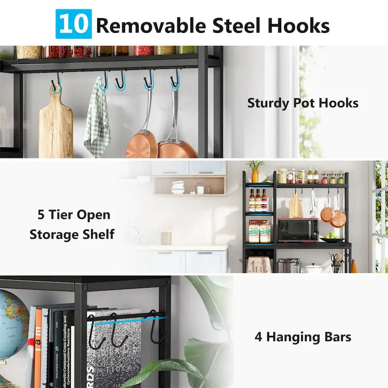5-Tier Industrial Baker's Rack with Microwave Stand, 10 Hooks, and Storage Shelves - 43.3x15.7x62.9