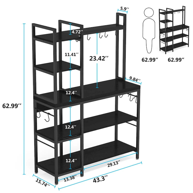 5-Tier Industrial Baker's Rack with Microwave Stand, 10 Hooks, and Storage Shelves - 43.3x15.7x62.9