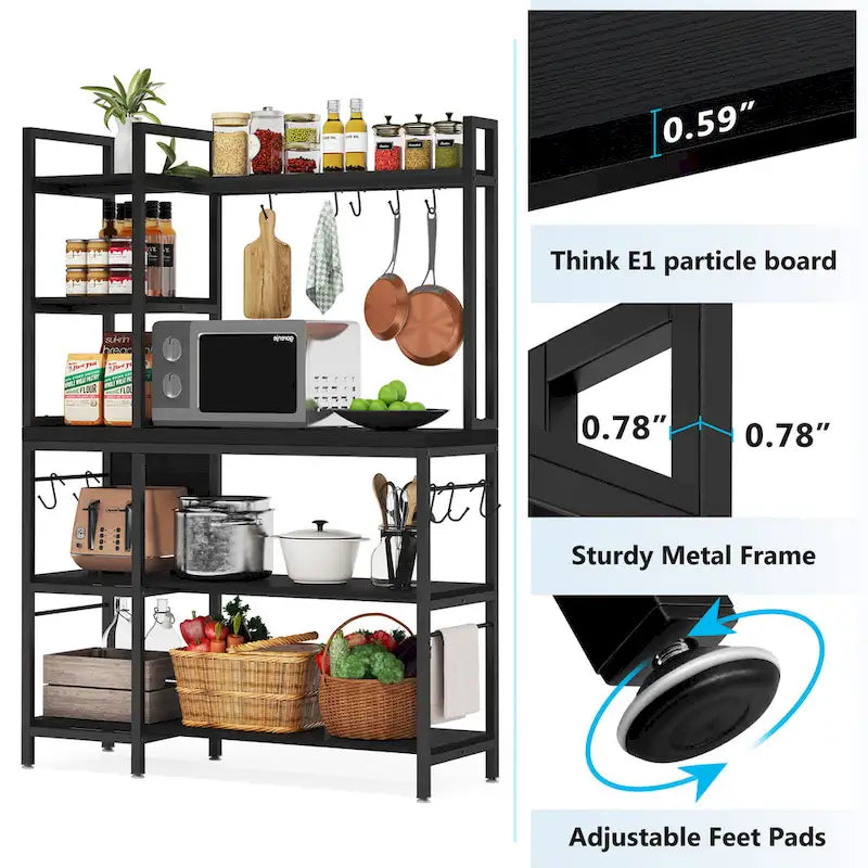 5-Tier Industrial Baker's Rack with Microwave Stand, 10 Hooks, and Storage Shelves - 43.3x15.7x62.9