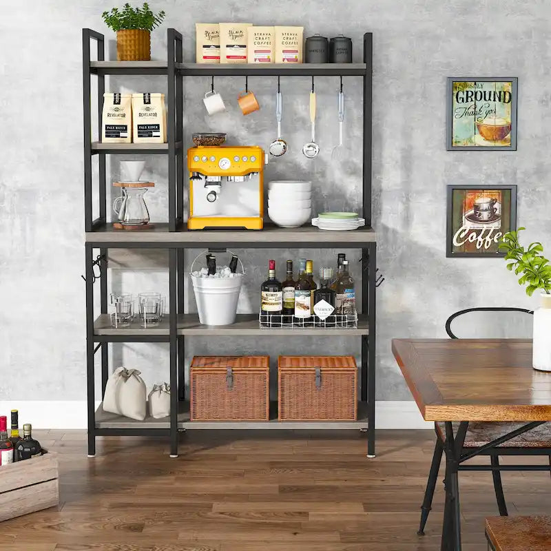 5-Tier Industrial Baker's Rack with Microwave Stand, 10 Hooks, and Storage Shelves - 43.3x15.7x62.9