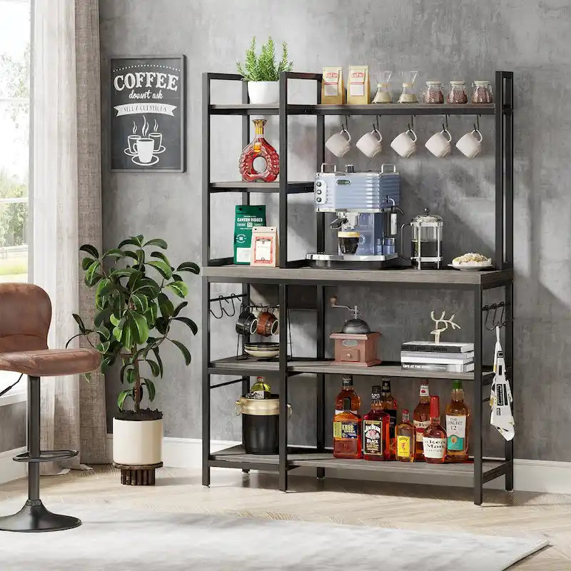 5-Tier Industrial Baker's Rack with Microwave Stand, 10 Hooks, and Storage Shelves - 43.3x15.7x62.9
