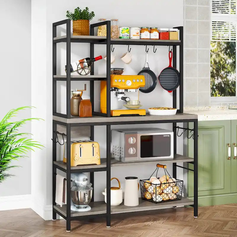 5-Tier Industrial Baker's Rack with Microwave Stand, 10 Hooks, and Storage Shelves - 43.3x15.7x62.9
